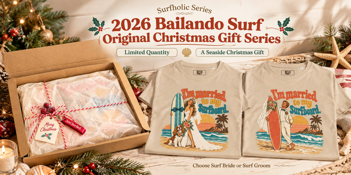 Bailando Surf Christmas Gift Box 2026 featuring Surf Bride or Surf Groom T-shirt and festive gift wrapping